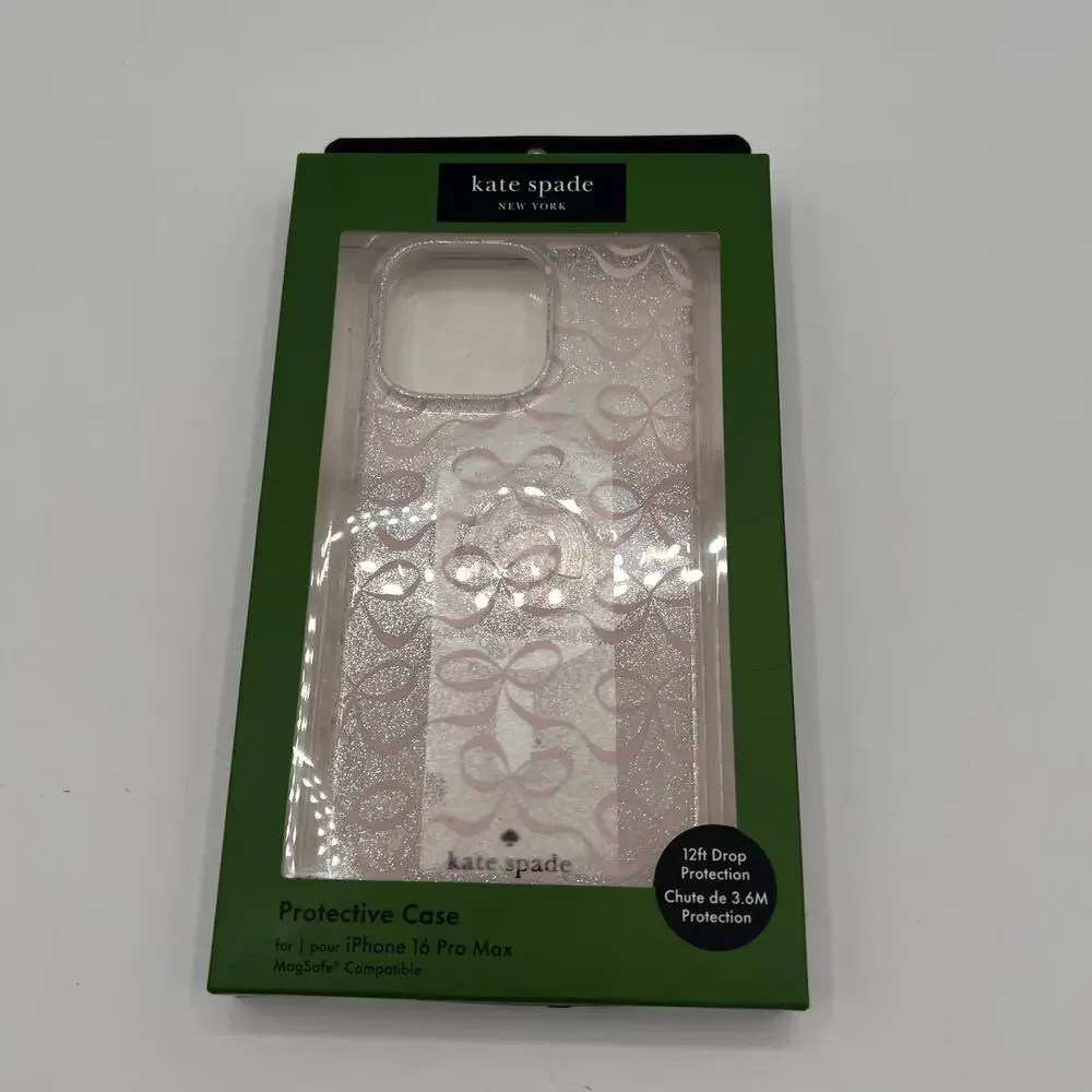 KATE SPADE Clear Glitter Soft Pink Bow iPhone 16 Pro Max Case- MagSafe